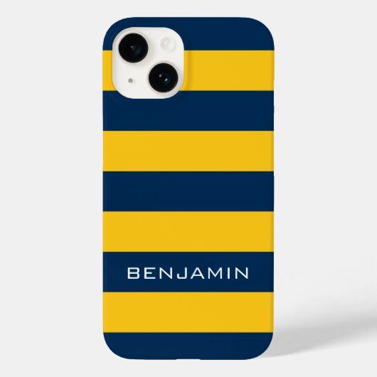 Individuelle Name Navy Blue und Yellow Rugby Strip Case-Mate iPhone Hülle (Rückseite)