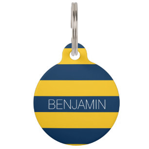 Individuelle Name Navy Blue und Yellow Rugby Strip Haustiermarke