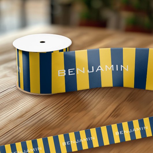 Individuelle Name Navy Blue und Yellow Rugby Strip Satinband