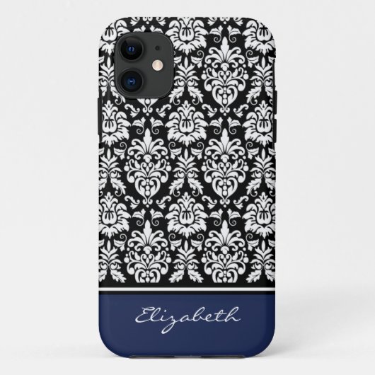 Individuelle Name Navy Schwarz-weiß Damask Case-Mate iPhone Hülle (Rückseite)