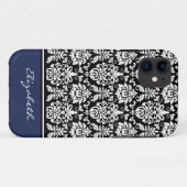Individuelle Name Navy Schwarz-weiß Damask Case-Mate iPhone Hülle (Rückseite (Horizontal))