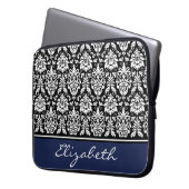 Individuelle Name Navy Schwarz-weiß Damask Laptopschutzhülle (Vorderseite Links)
