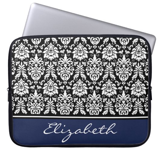 Individuelle Name Navy Schwarz-weiß Damask Laptopschutzhülle (Vorderseite)