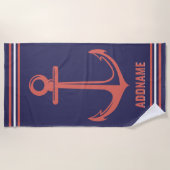 Individuelle Name Navy und Rusty Orange Anchor Strandtuch (Vorderseite)