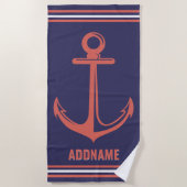 Individuelle Name Navy und Rusty Orange Anchor Strandtuch (Vorderseite)