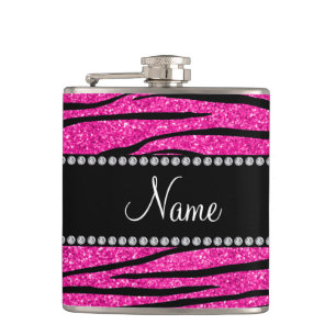 Individuelle Name Neon Hot Rosa Glitzer Zebra Stre Flachmann