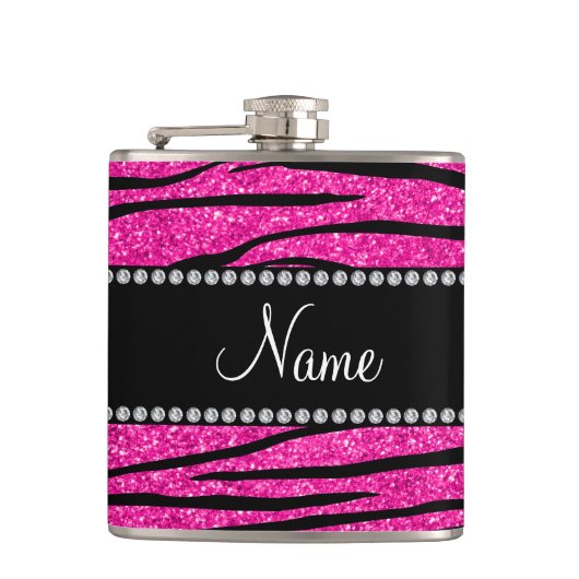 Individuelle Name Neon Hot Rosa Glitzer Zebra Stre Flachmann (Vorderseite)