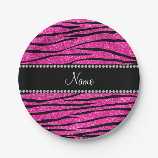 Individuelle Name Neon Hot Rosa Glitzer Zebra Stre Pappteller (Vorderseite)