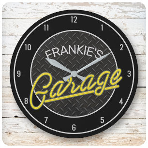 Individuelle Name Neon Look Diamant Garage Tools Große Wanduhr
