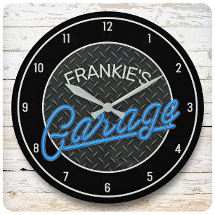 Individuelle Name Neon Look Diamant Garage Tools Große Wanduhr