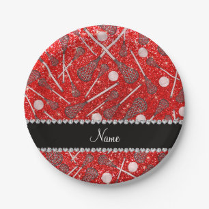 Individuelle Name Neon Rot Glitzer Lacrosse Sticks Pappteller