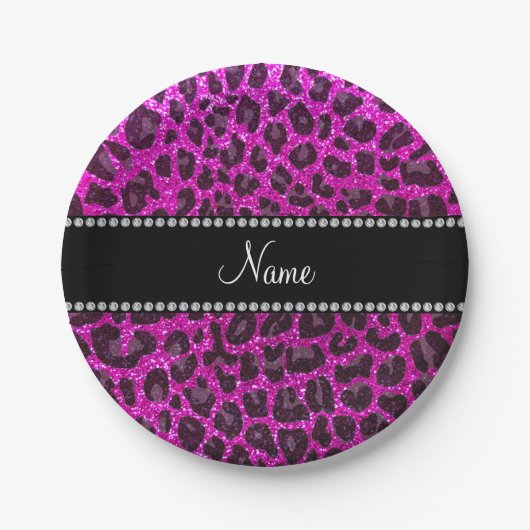 Individuelle Name Neonrosa Glitzer Leopard Druck Pappteller (Vorderseite)