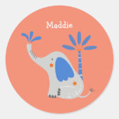 Individuelle Name Niedlich Elefant mit Palm Tree B Runder Aufkleber (Vorderseite)