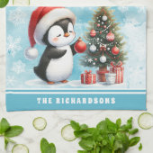 Individuelle Name Niedlich Penguin Snowy Blue Weih Geschirrtuch (Gefaltet)