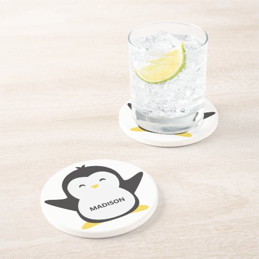 Individuelle Name niedlich Pinguin Getränkeuntersetzer (Seite)