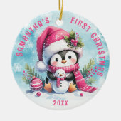 Individuelle Name Niedlich Pinguin Pink Erster Wei Keramik Ornament (Vorne)
