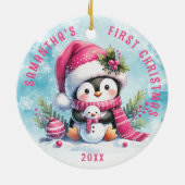 Individuelle Name Niedlich Pinguin Pink Erster Wei Keramik Ornament (Hinten)