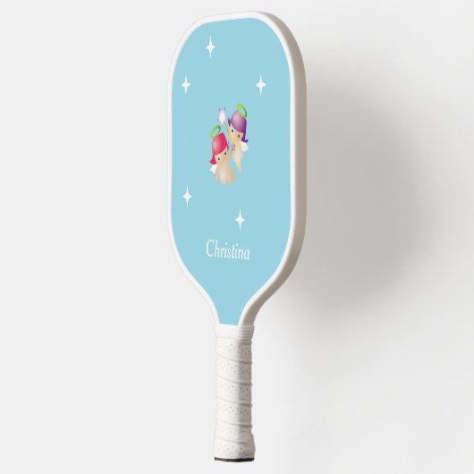 Individuelle Name niedliche Engel auf blau Pickleball Schläger (Links)