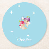 Individuelle Name niedliche Engel auf blau Runder Pappuntersetzer (Vorderseite)
