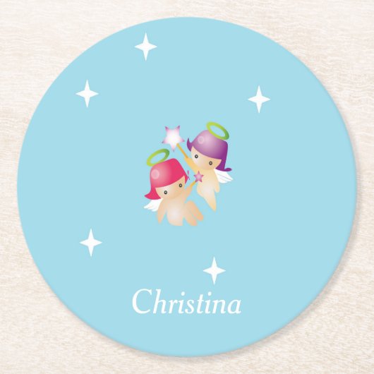 Individuelle Name niedliche Engel auf blau Runder Pappuntersetzer (Vorderseite)