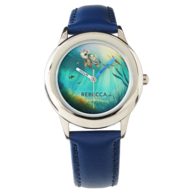 Individuelle Name Niedlicher Schildkrötenmeer Hint Armbanduhr (Vorderseite)