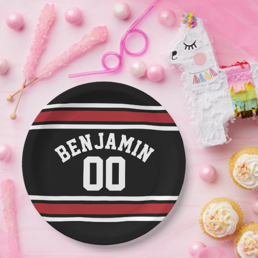 Individuelle Name Nummer Schwarz und Rot Pappteller (Party)