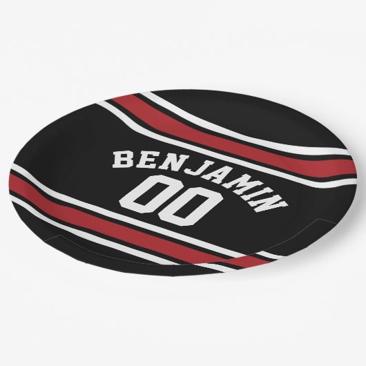 Individuelle Name Nummer Schwarz und Rot Pappteller (Schrägansicht)