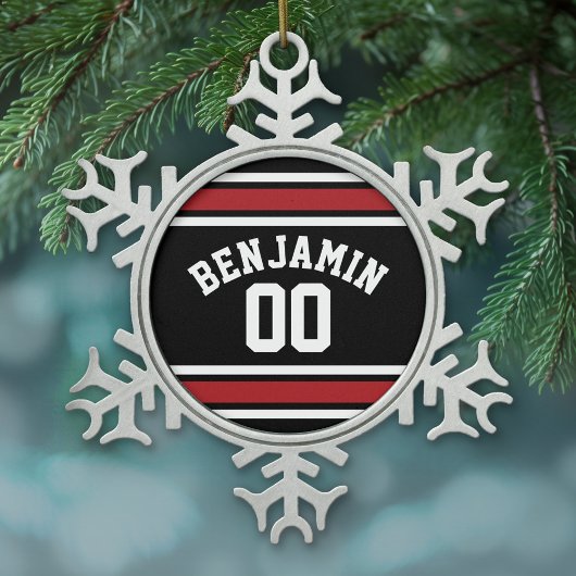Individuelle Name Nummer Schwarz und Rot Schneeflocken Zinn-Ornament