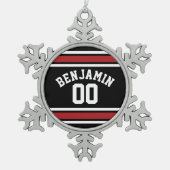 Individuelle Name Nummer Schwarz und Rot Schneeflocken Zinn-Ornament (Vorderseite)