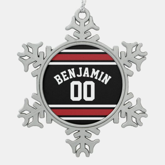 Individuelle Name Nummer Schwarz und Rot Schneeflocken Zinn-Ornament (Vorderseite)