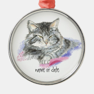 Individuelle Name oder Datum Niedliche Katze, Heim Silbernes Ornament