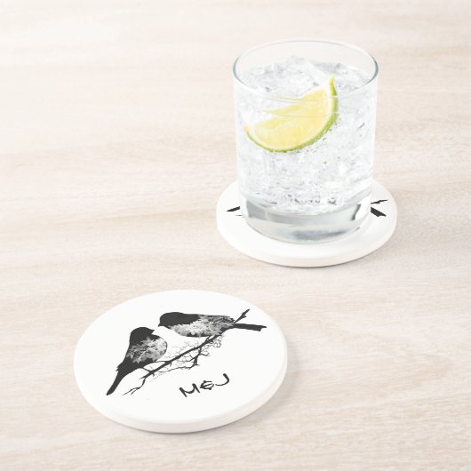Individuelle Name- oder Monogram-Liebesvögel Getränkeuntersetzer (Seite)