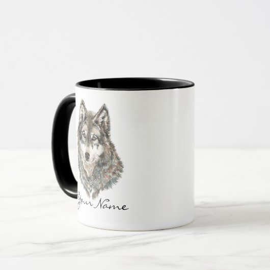 Individuelle Name oder Text Wolf Wasserfarbe Tier Tasse (Vorderseite Links)
