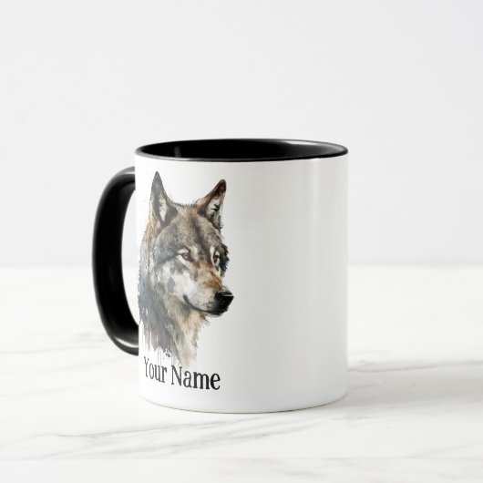 Individuelle Name oder Text Wolf Wasserfarbe Tier Tasse (Vorderseite Links)