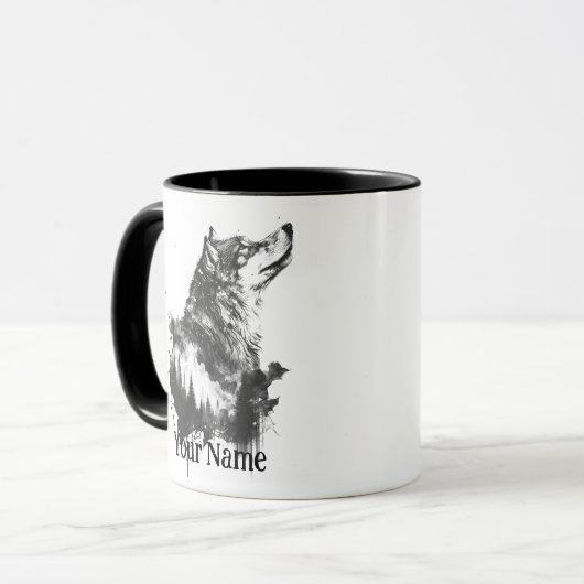 Individuelle Name oder Text Wolf Wasserfarbe Tier Tasse (Vorderseite Links)