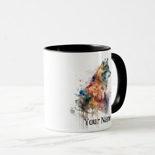 Individuelle Name oder Text Wolf Wasserfarbe Tier Tasse (VorderseiteRechts)