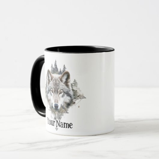 Individuelle Name oder Text Wolf Wasserfarbe Tier Tasse (Vorderseite Links)