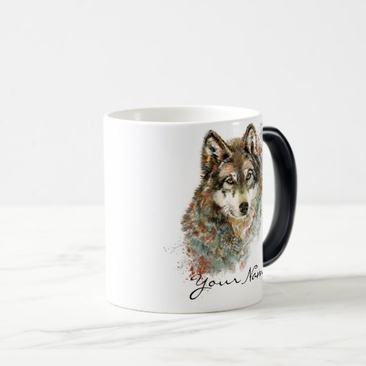 Individuelle Name oder Text Wolf Wasserfarbe Tier Verwandlungstasse (VorderseiteRechts)