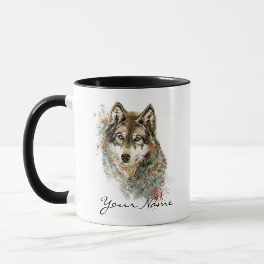 Individuelle Name oder Textwolf-Aquarell Tierische Tasse (Links)