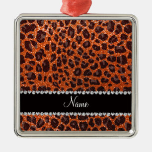 Individuelle Name Orangen-Glitzer-Leopard Silbernes Ornament