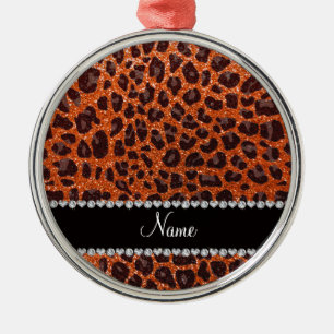 Individuelle Name Orangen-Glitzer-Leopard Silbernes Ornament