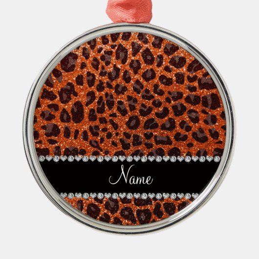 Individuelle Name Orangen-Glitzer-Leopard Silbernes Ornament (Vorne)