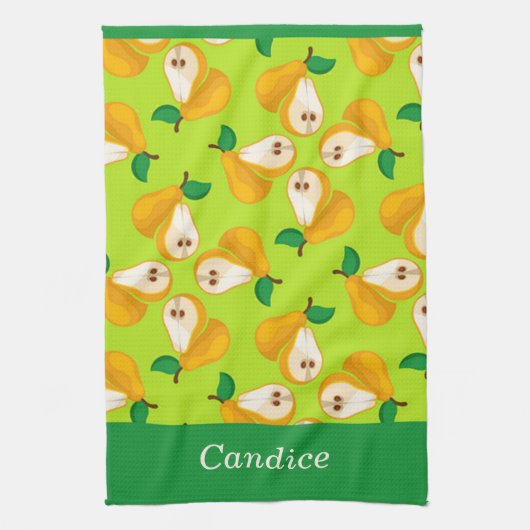 Individuelle Name Orangenbirnen auf grün Geschirrtuch (Vertikal)