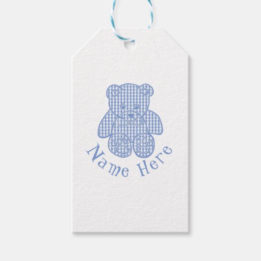 Individuelle Name Pale Blue Pastel Gingham Teddy B Geschenkanhänger (Vorderseite)
