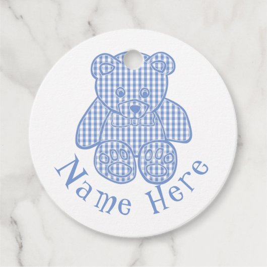Individuelle Name Pale Blue Pastel Gingham Teddy B Geschenkanhänger (Vorderseite)