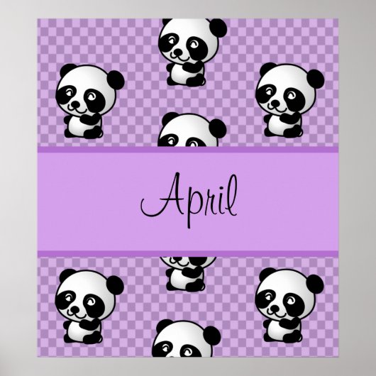 Individuelle Name Panda Bears auf Lila Gingham Poster (Vorne)