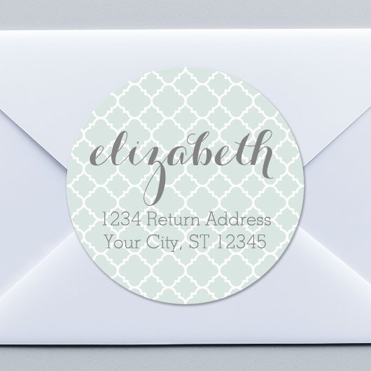 Individuelle Name Pastel Mint & Gray Quatrefoil Runder Aufkleber
