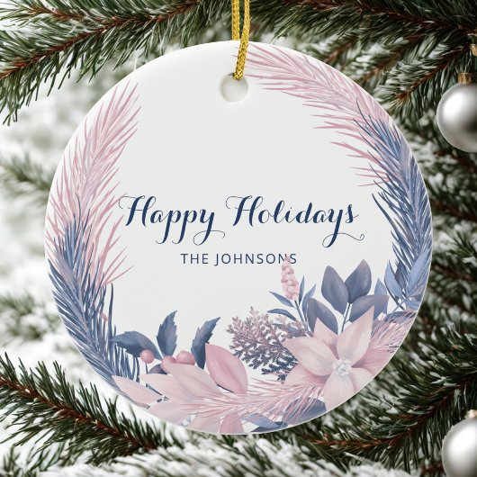 Individuelle Name Pastel Wreath Happy Holidays Keramik Ornament