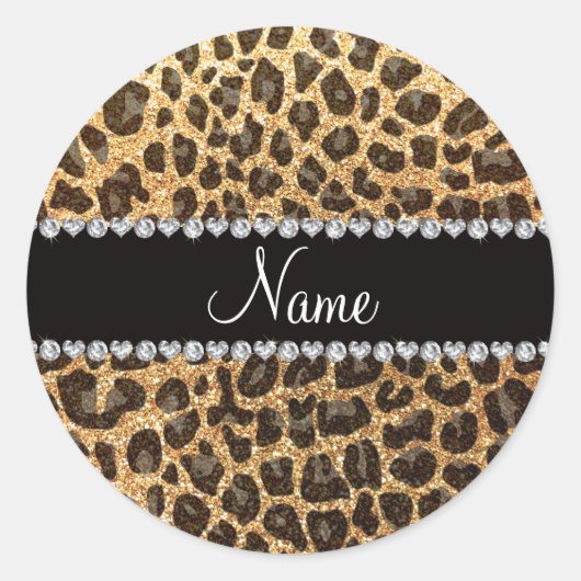 Individuelle Name Pastellgelb Glitzer Leopard Runder Aufkleber (Vorderseite)