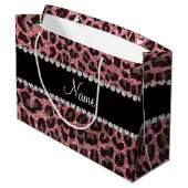 Individuelle Name Pastellrosa Glitzer Leopard Große Geschenktüte (Rückseite Schrägansicht)